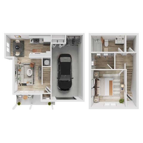 A car is parked in the garage of a house.